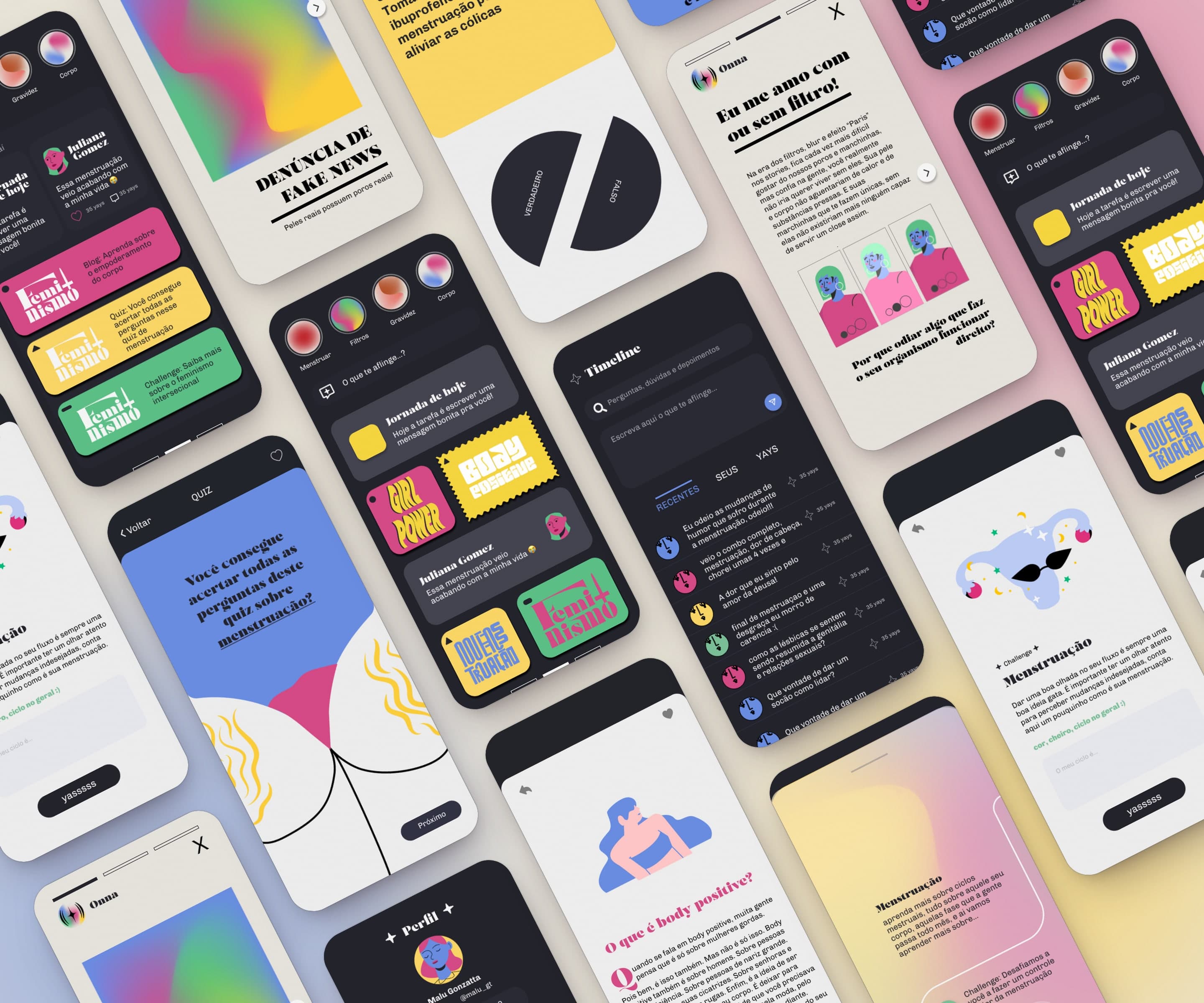 A tilted wall of Onna app screens: home, quiz, blog, journey and timeline.