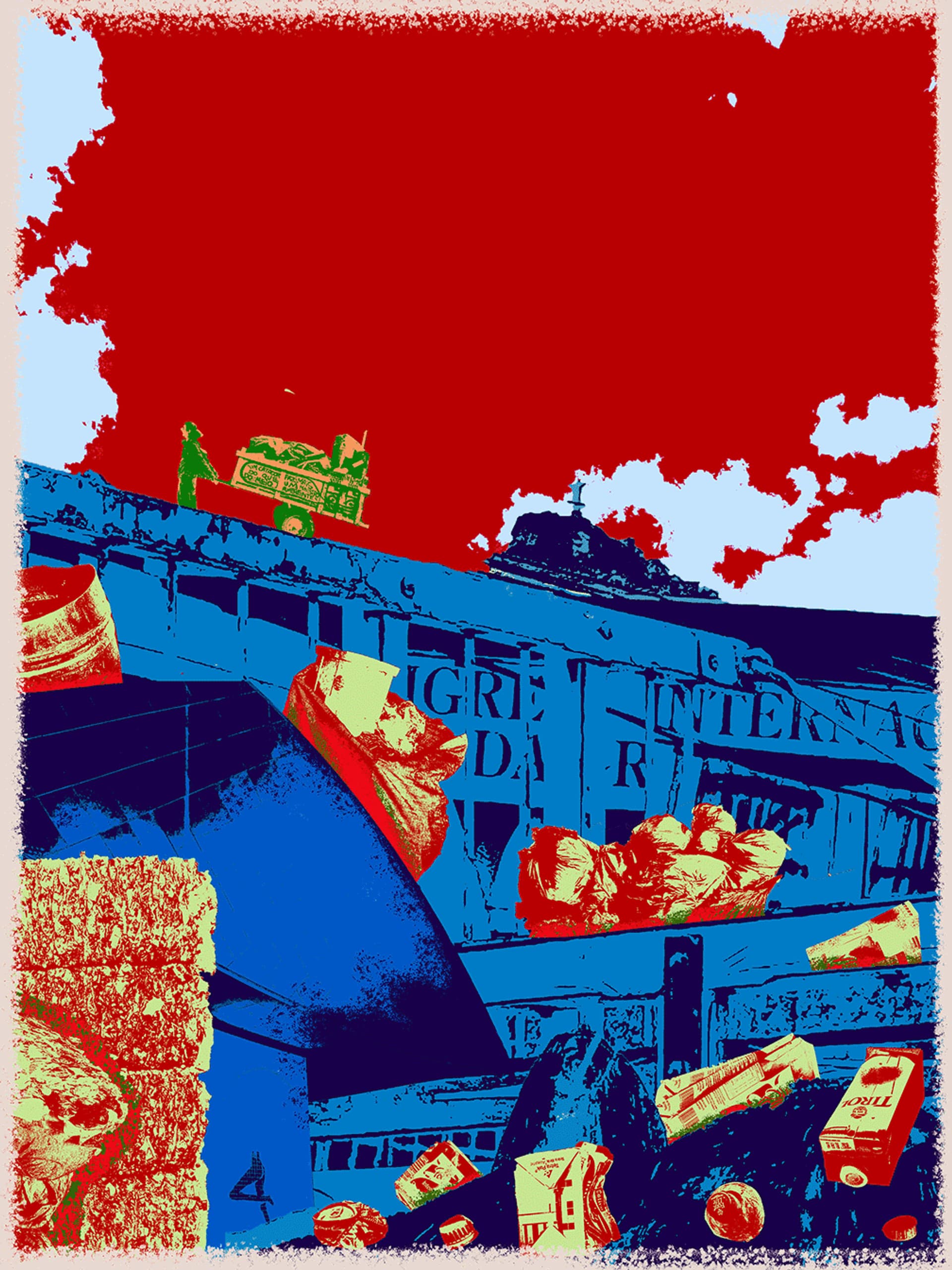 Processed photograph: the cart on the overpass above the market.