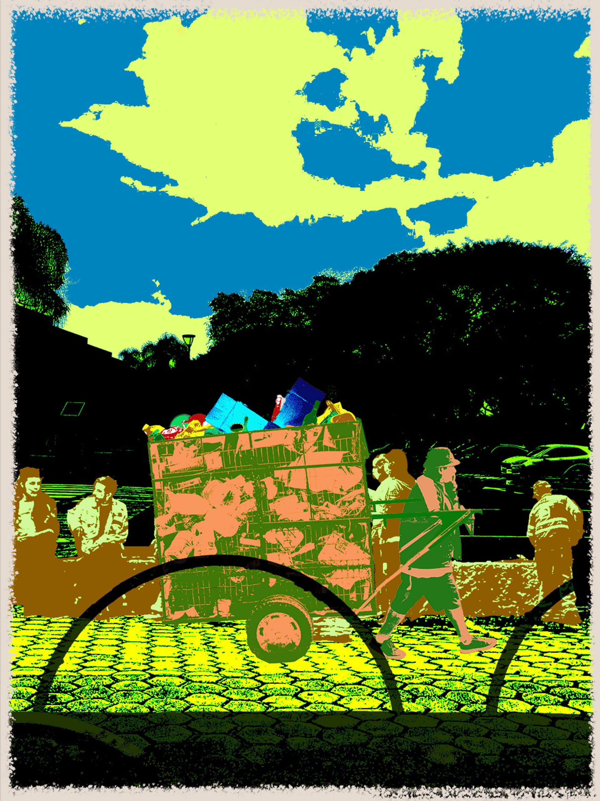 Processed photograph: a waste picker pulling a loaded cart past people sitting on a wall.