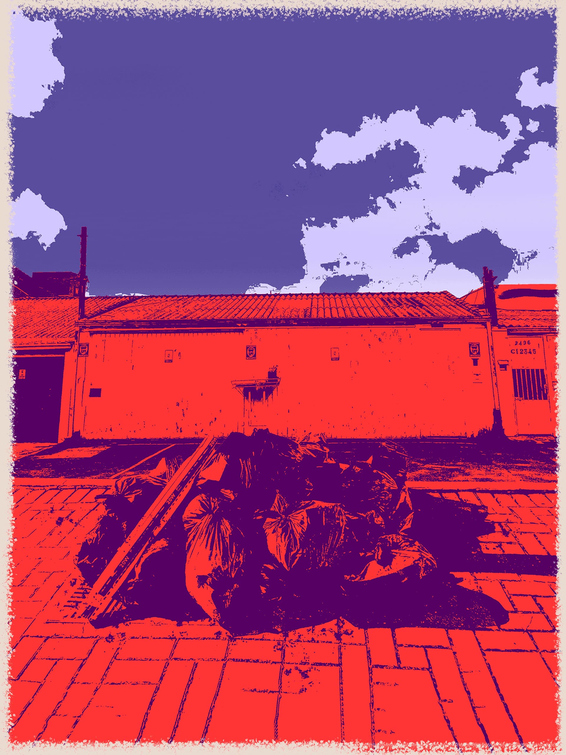 Processed photograph: bags of trash piled in front of a house.