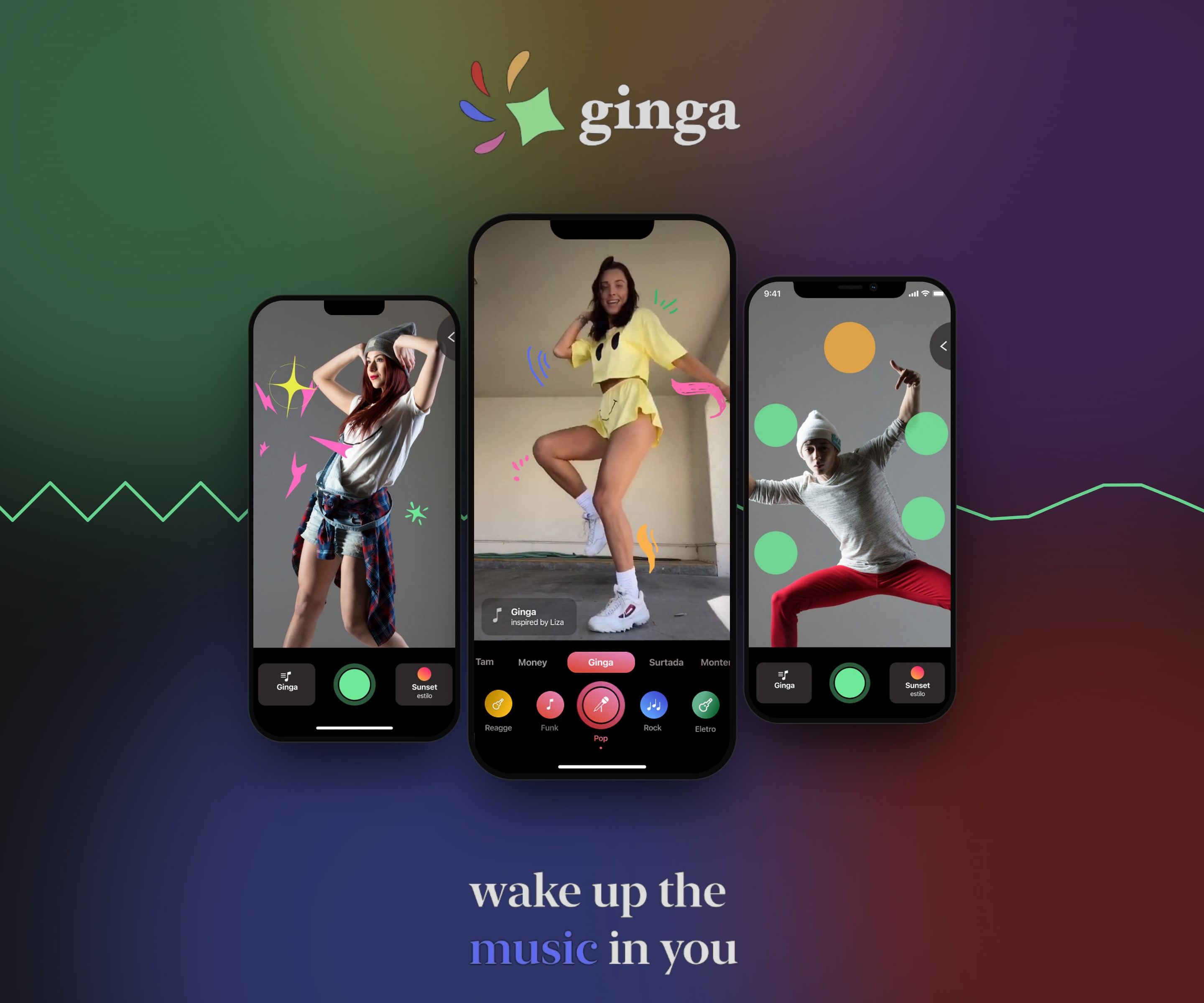 Three screens of the Ginga app with three different dancers, over a dark stage with colorful glows and the Ginga logo.