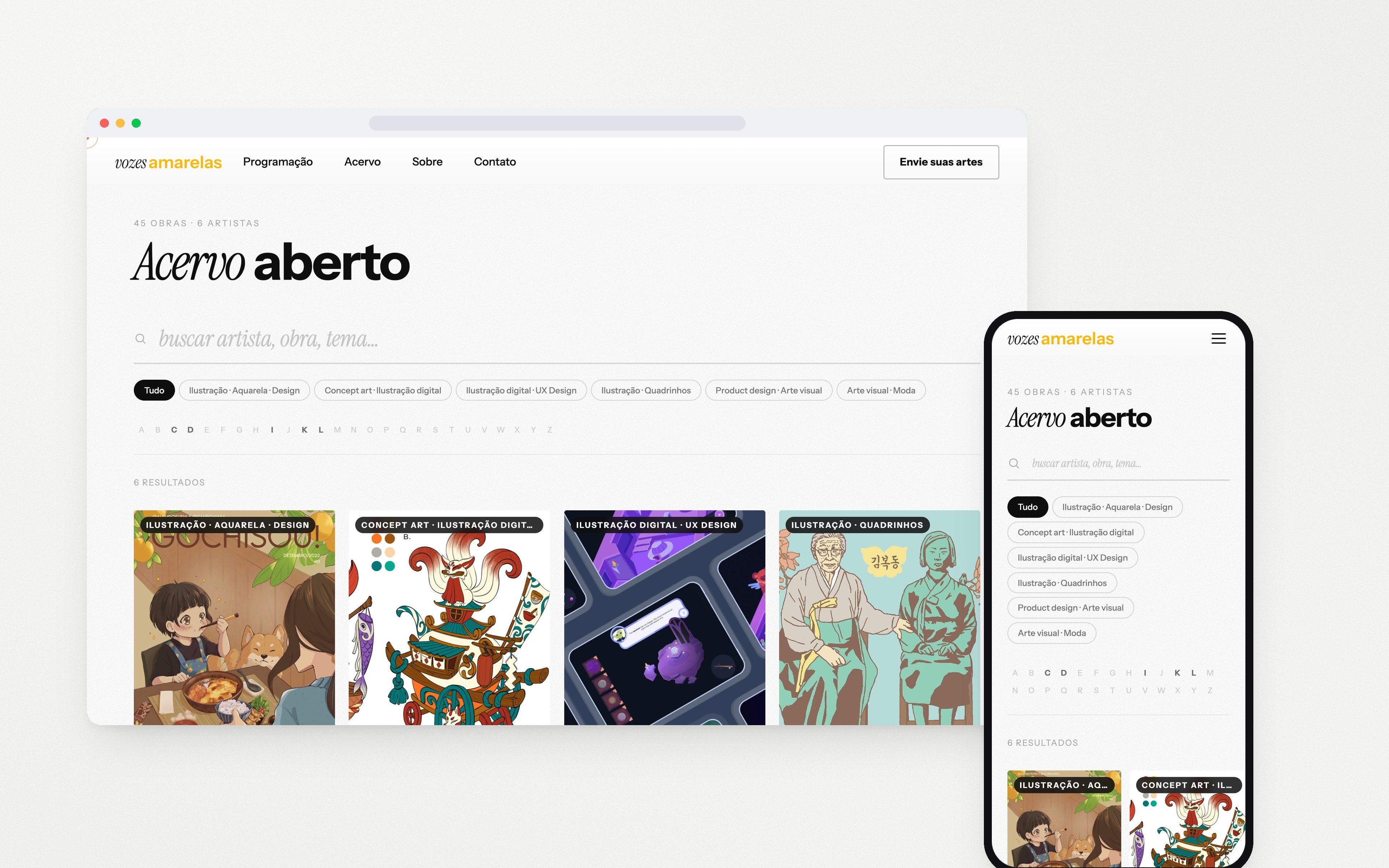 The collection page, with a search field, filters and artworks, on a white background.