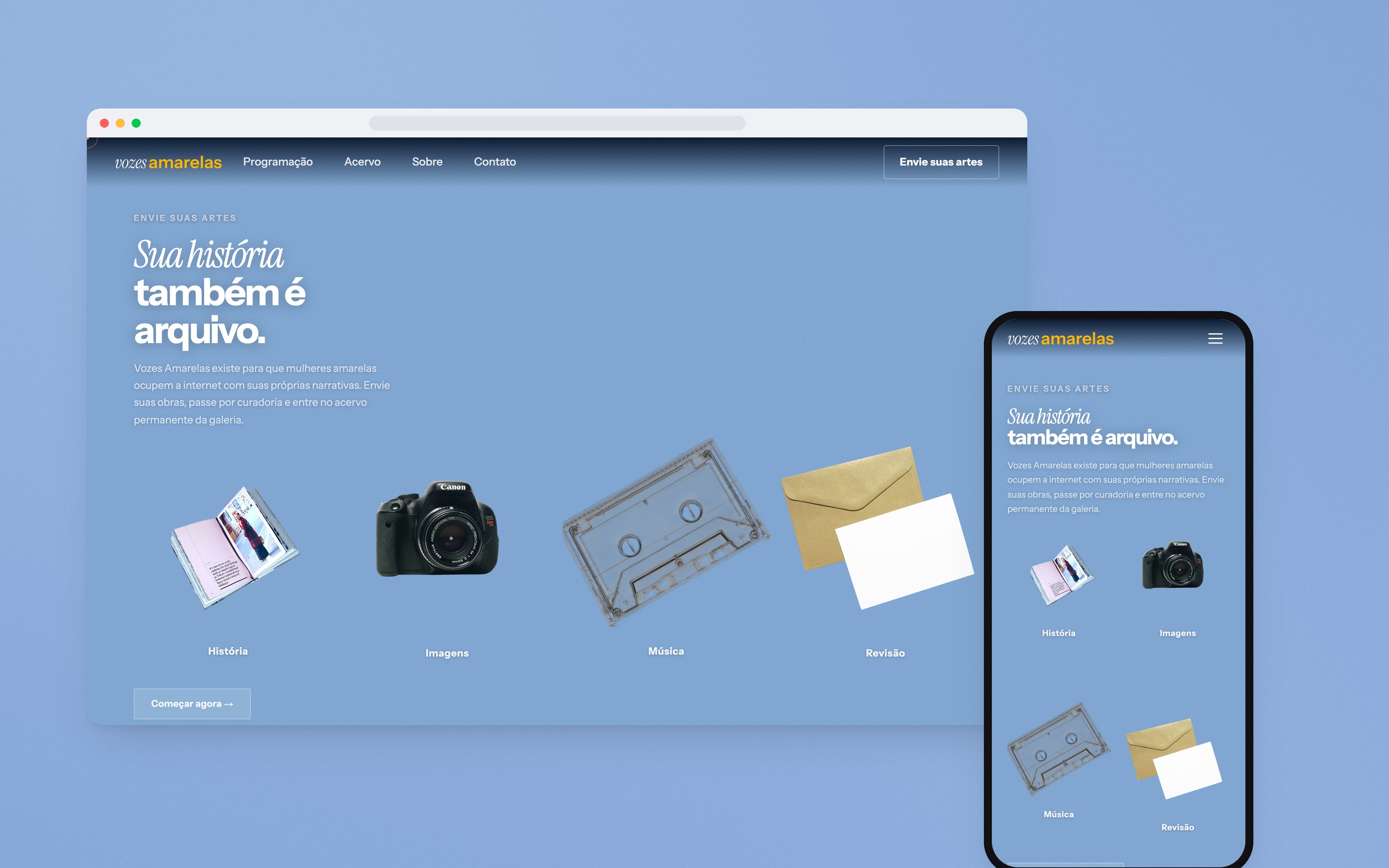 The submissions page, with a book, a camera, a cassette tape and an envelope, on a light blue background.