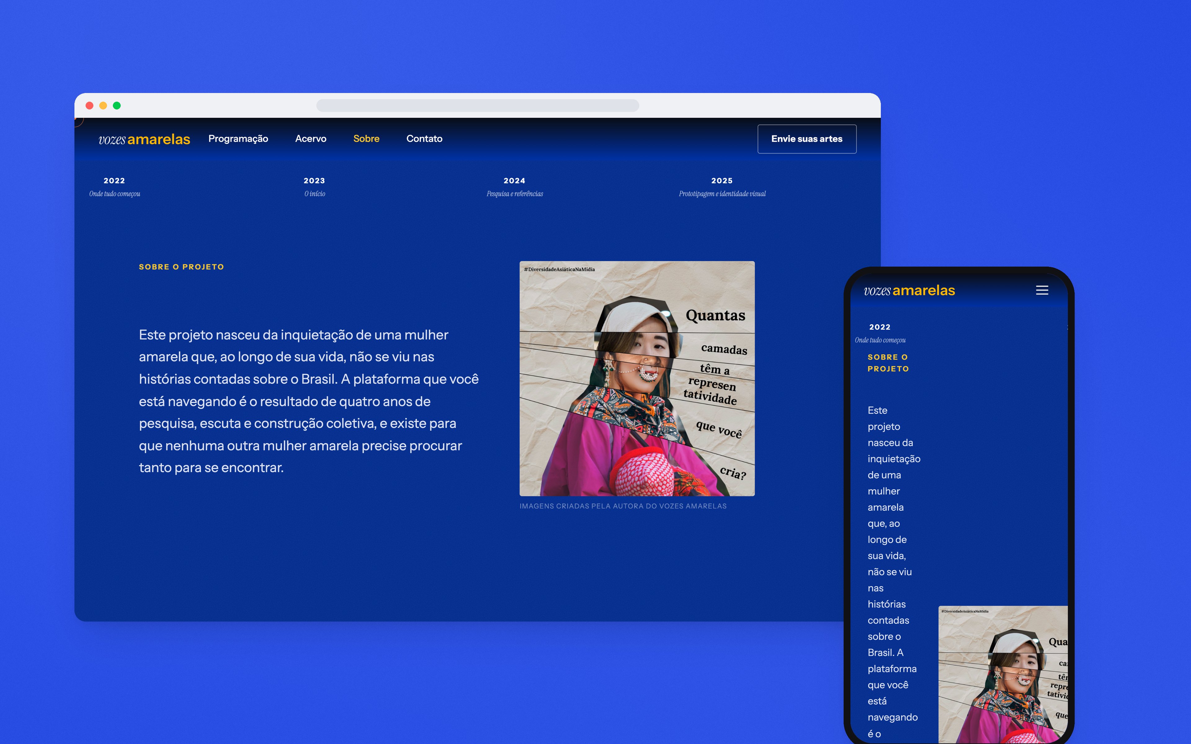 The about page, with the text of the project and a collage, on a blue background.