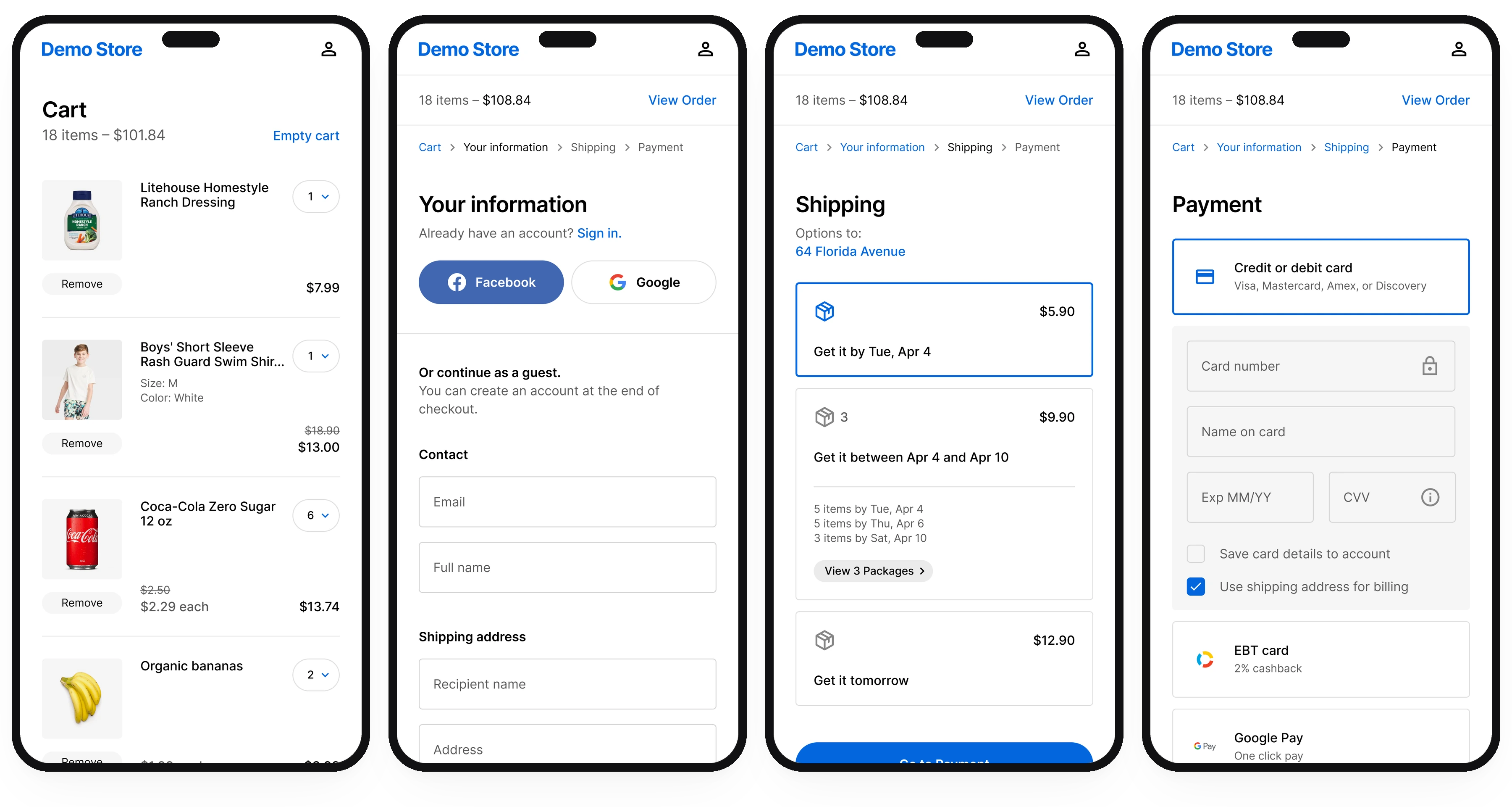 The four steps on mobile, side by side: cart, information, shipping and payment.