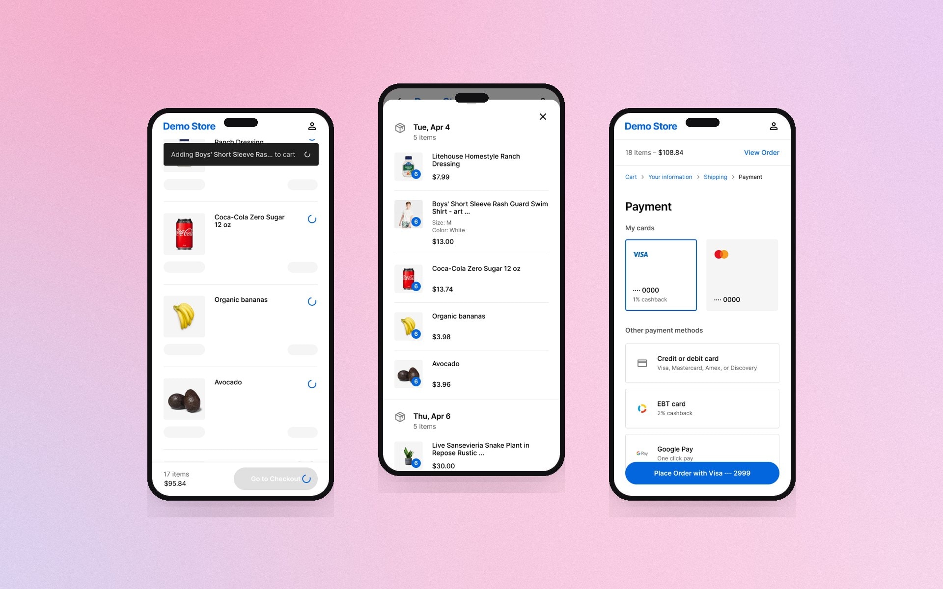 Three mobile screens: loading, packages and saved cards.