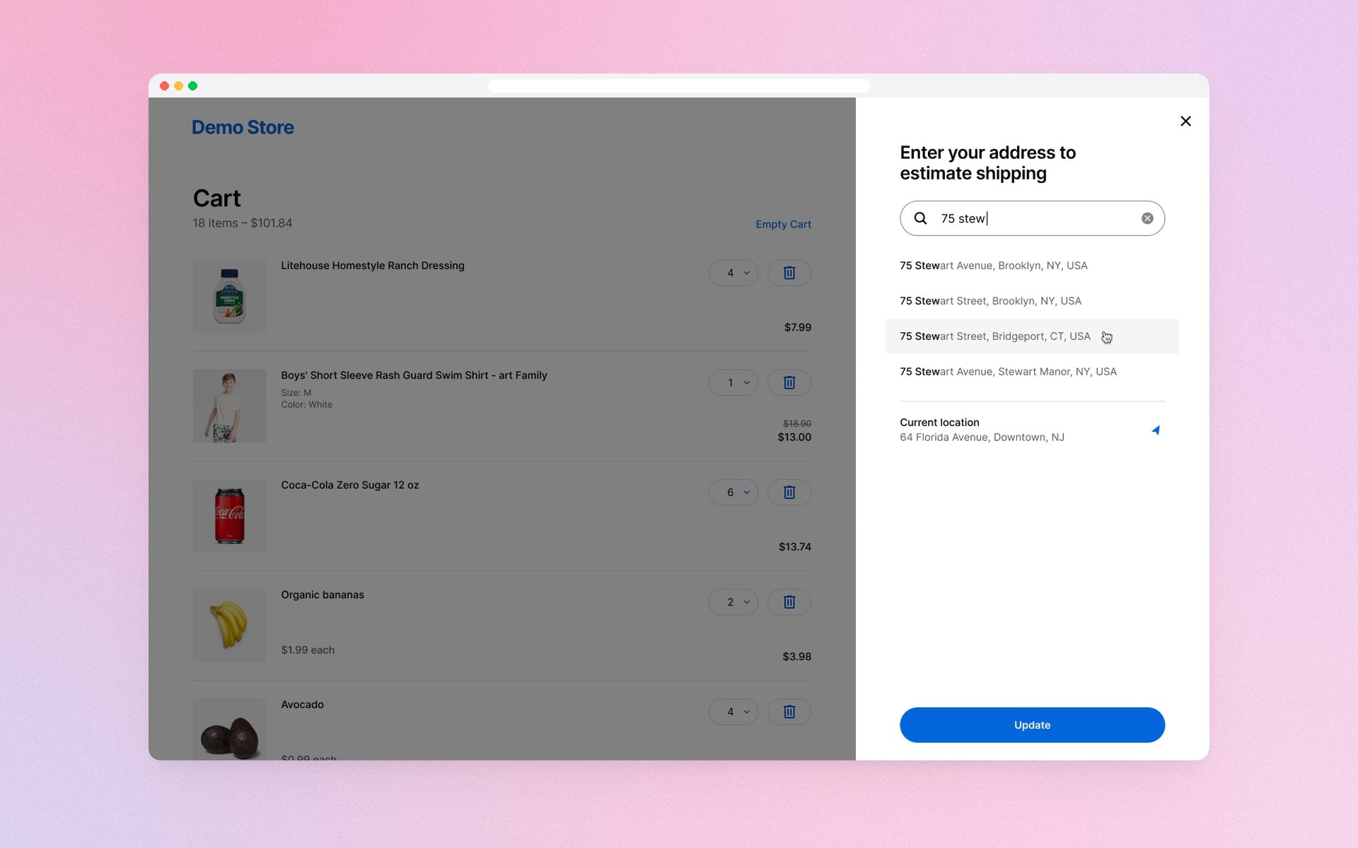 A side panel to search for an address and estimate shipping.