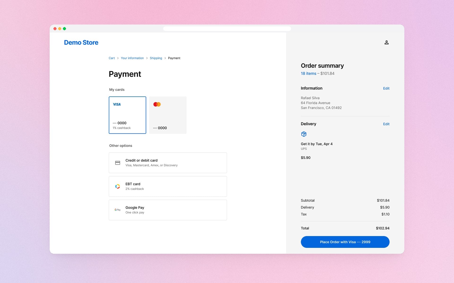 The payment step with saved cards.