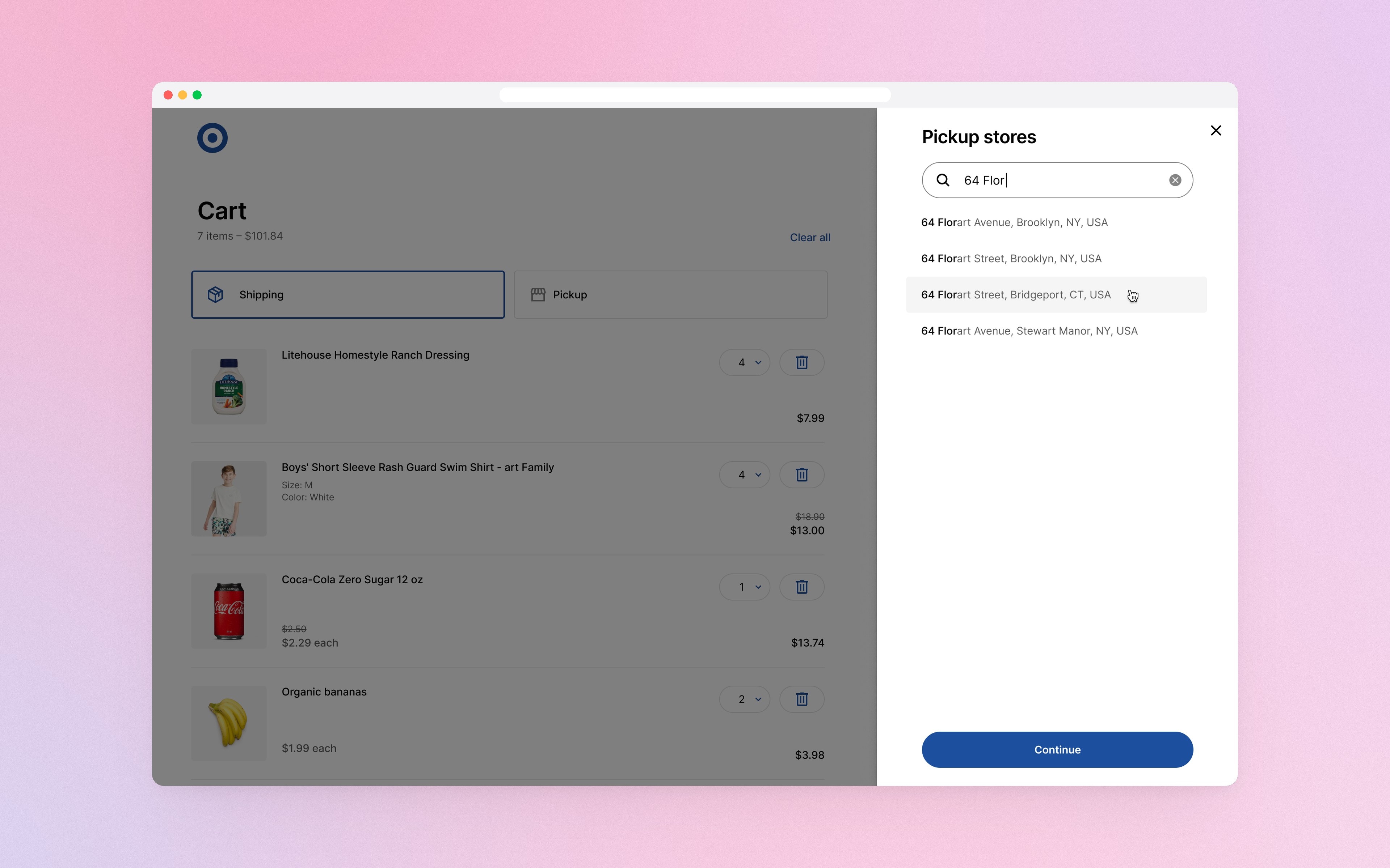 A side panel to search pickup stores by address.