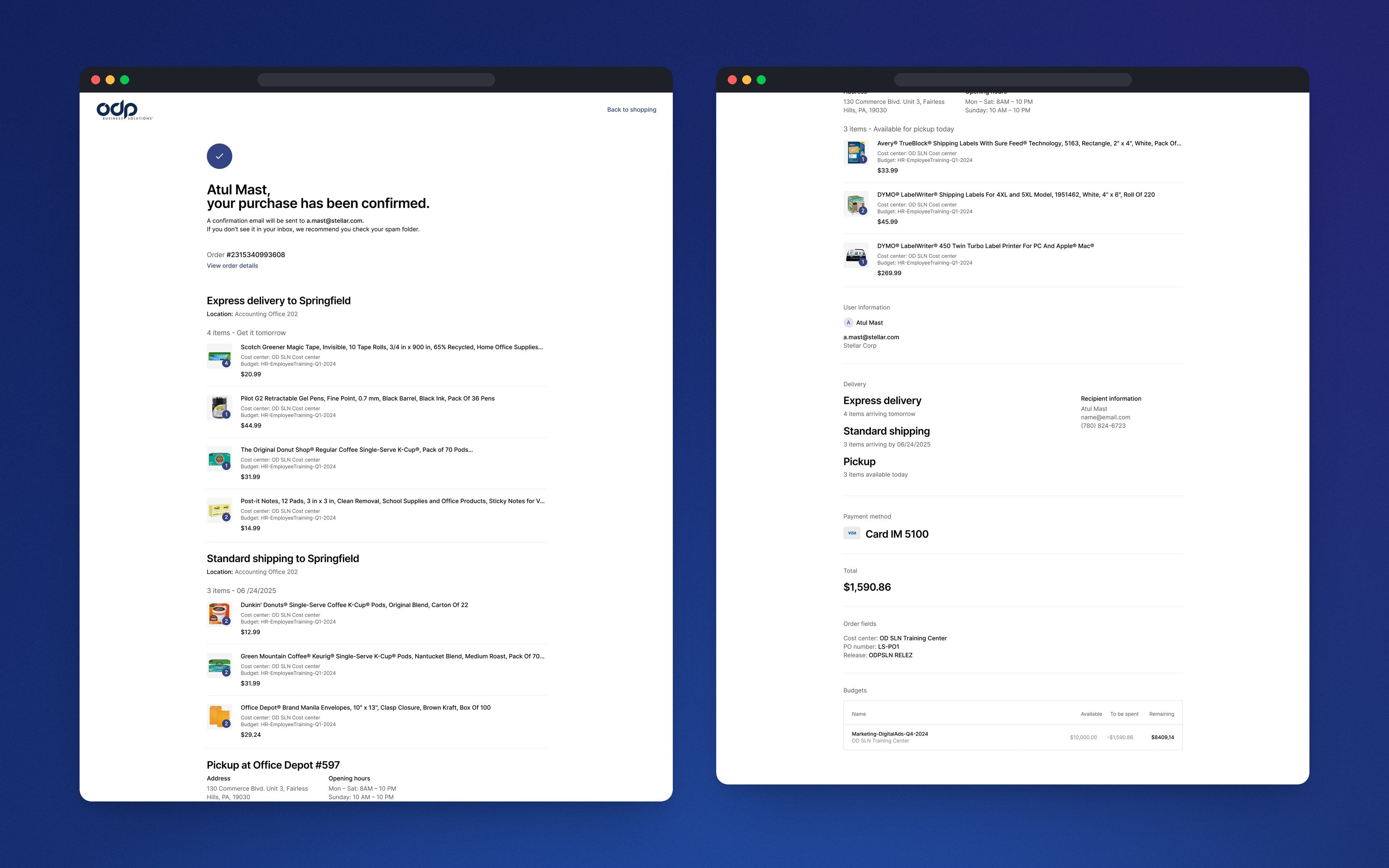 The order confirmation, grouped by delivery, with accounting fields and budgets at the end.