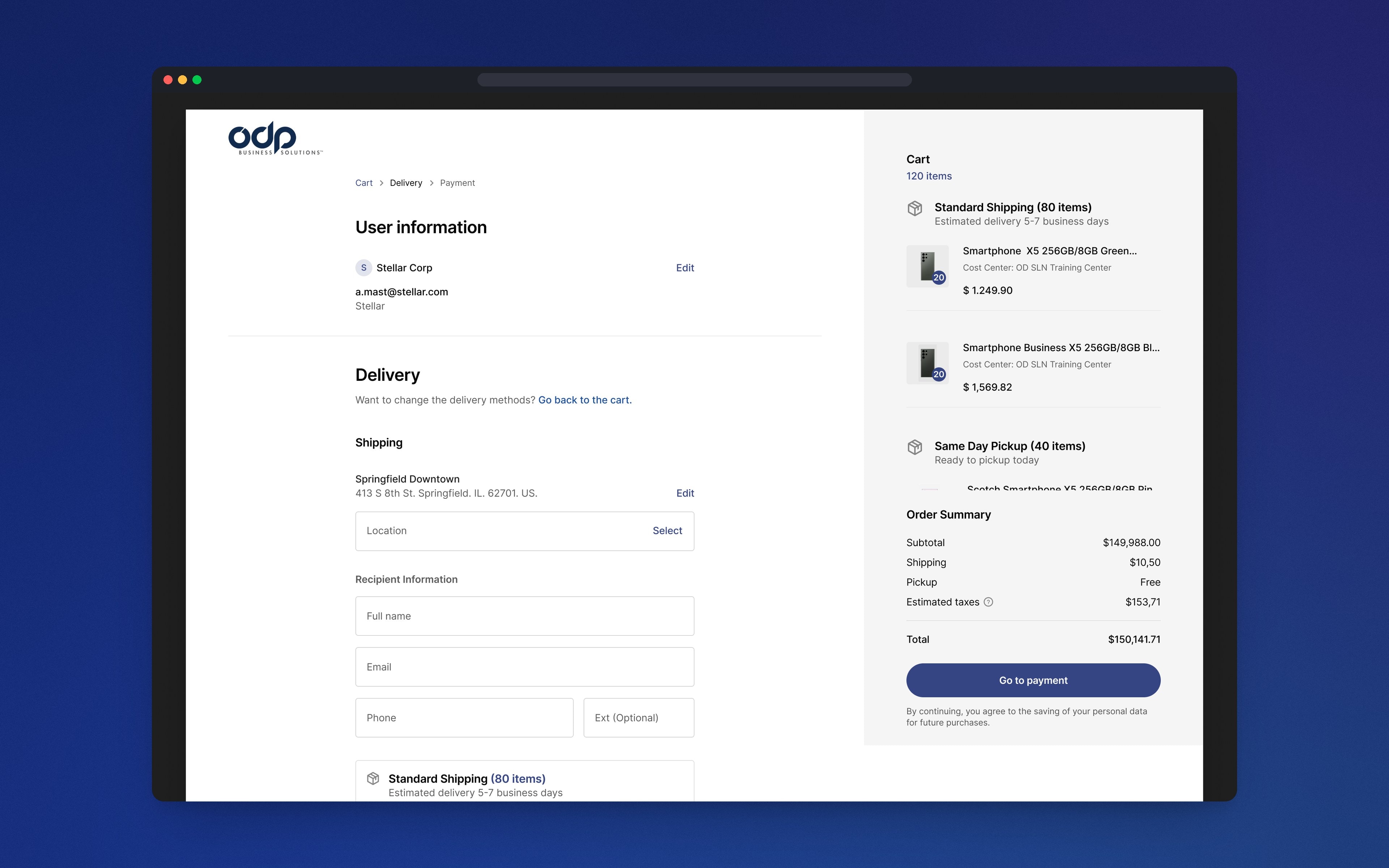 The delivery step with user information, location, recipient information and the cart summary on the side.