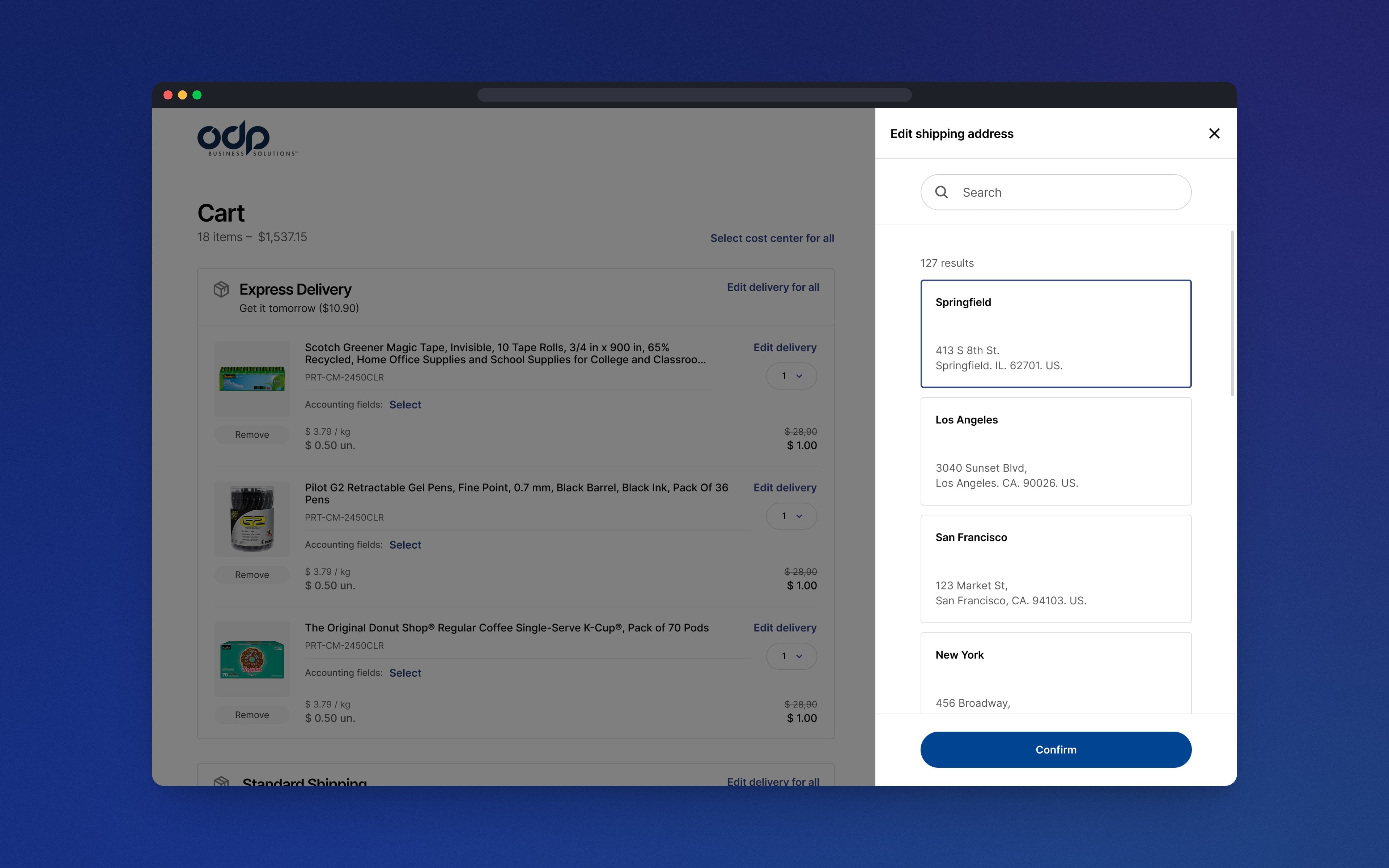 A side panel to edit the shipping address, with a search field and a list of addresses.
