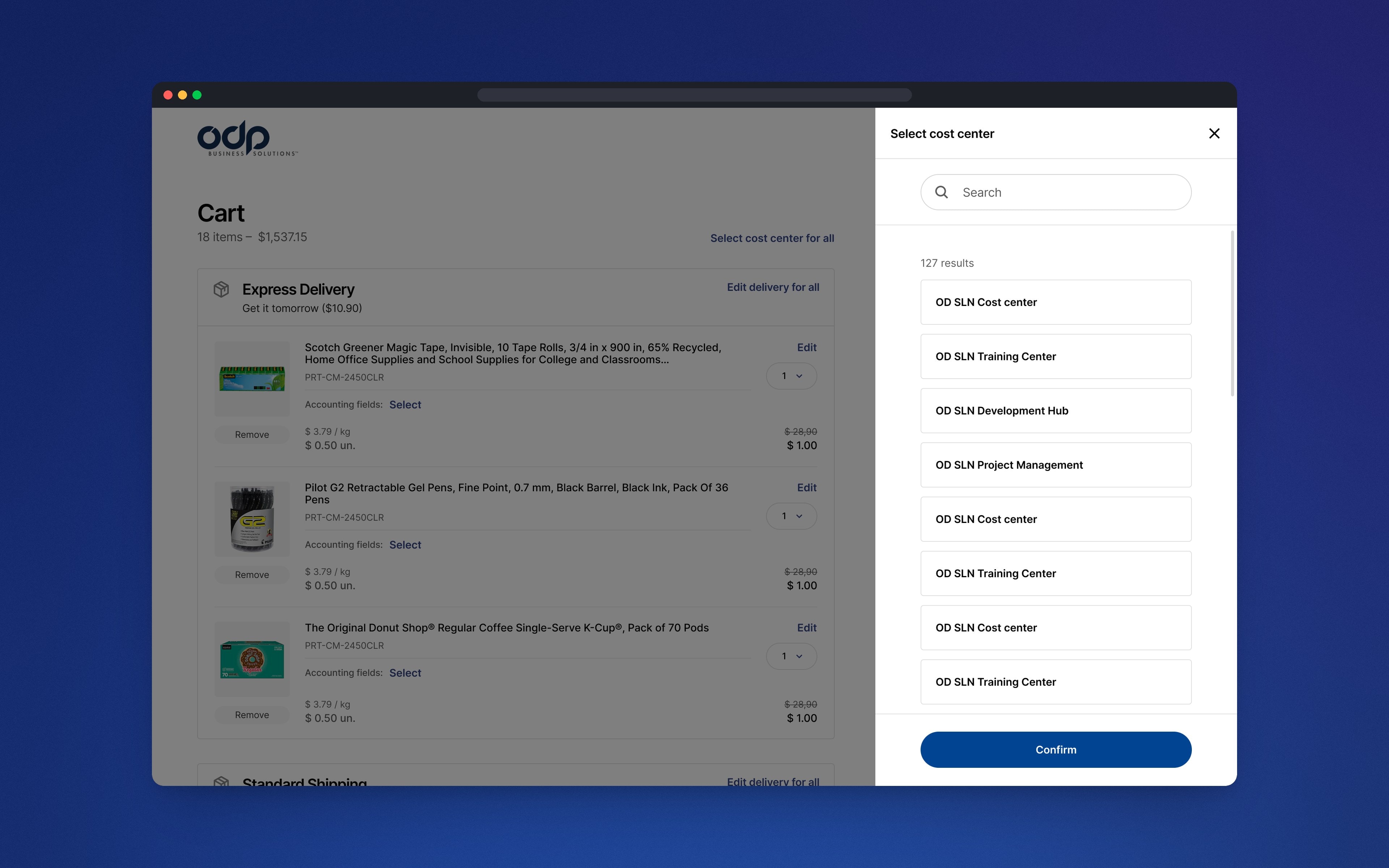 A side panel to select a cost center from a searchable list.
