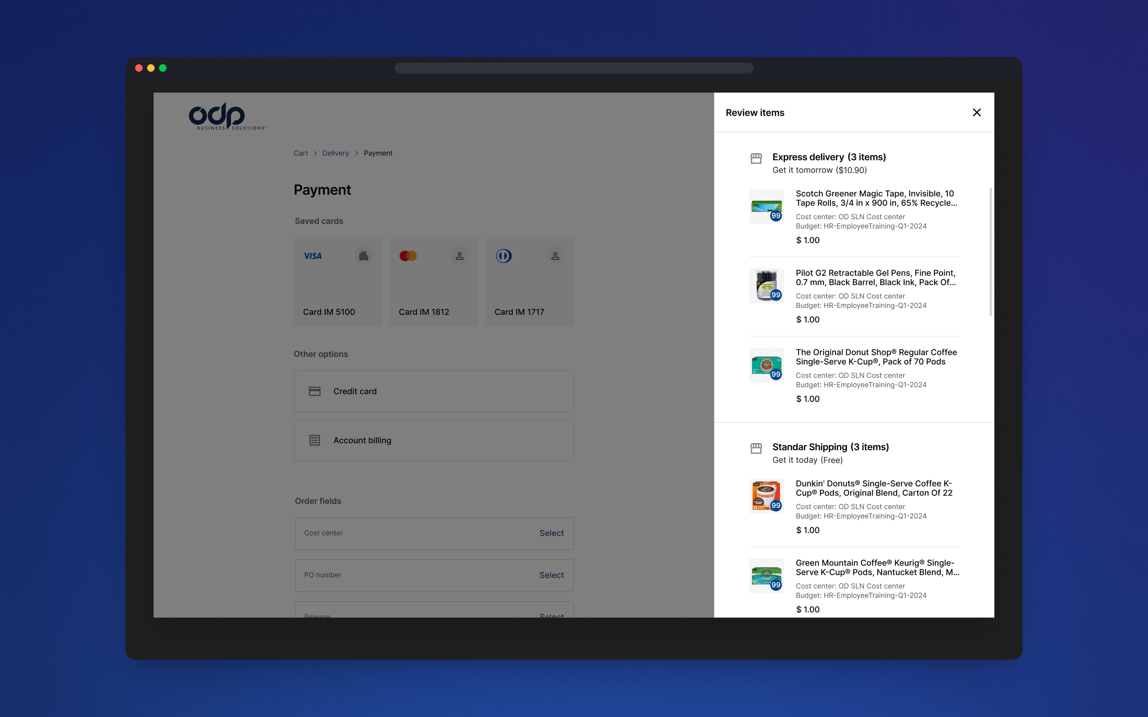 A review panel listing the items by delivery method with cost center and budget.