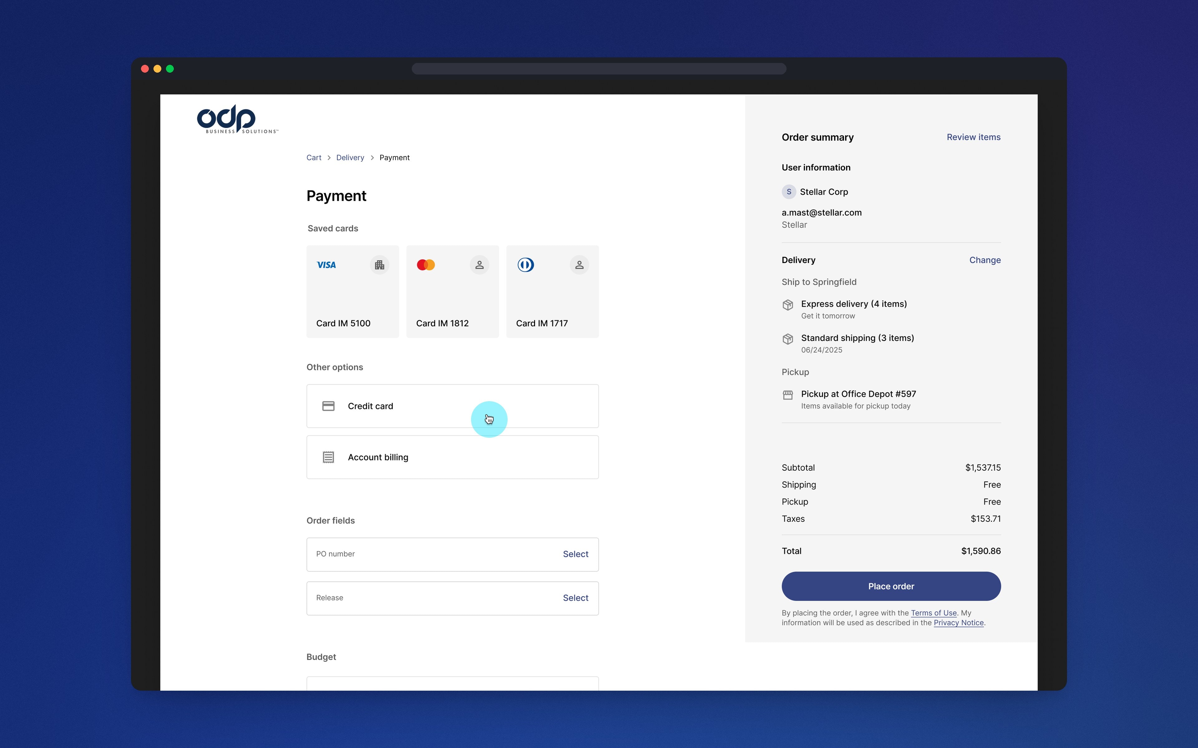 The payment step with saved cards, order fields and the budget table.