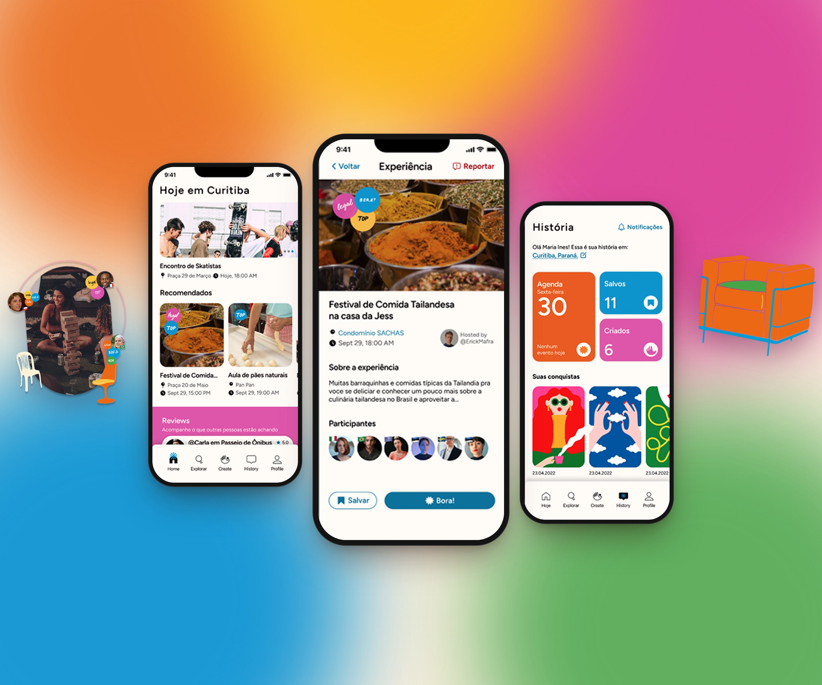 Three screens of the Bora.Today app side by side over a colorful gradient, with illustrations from the project.