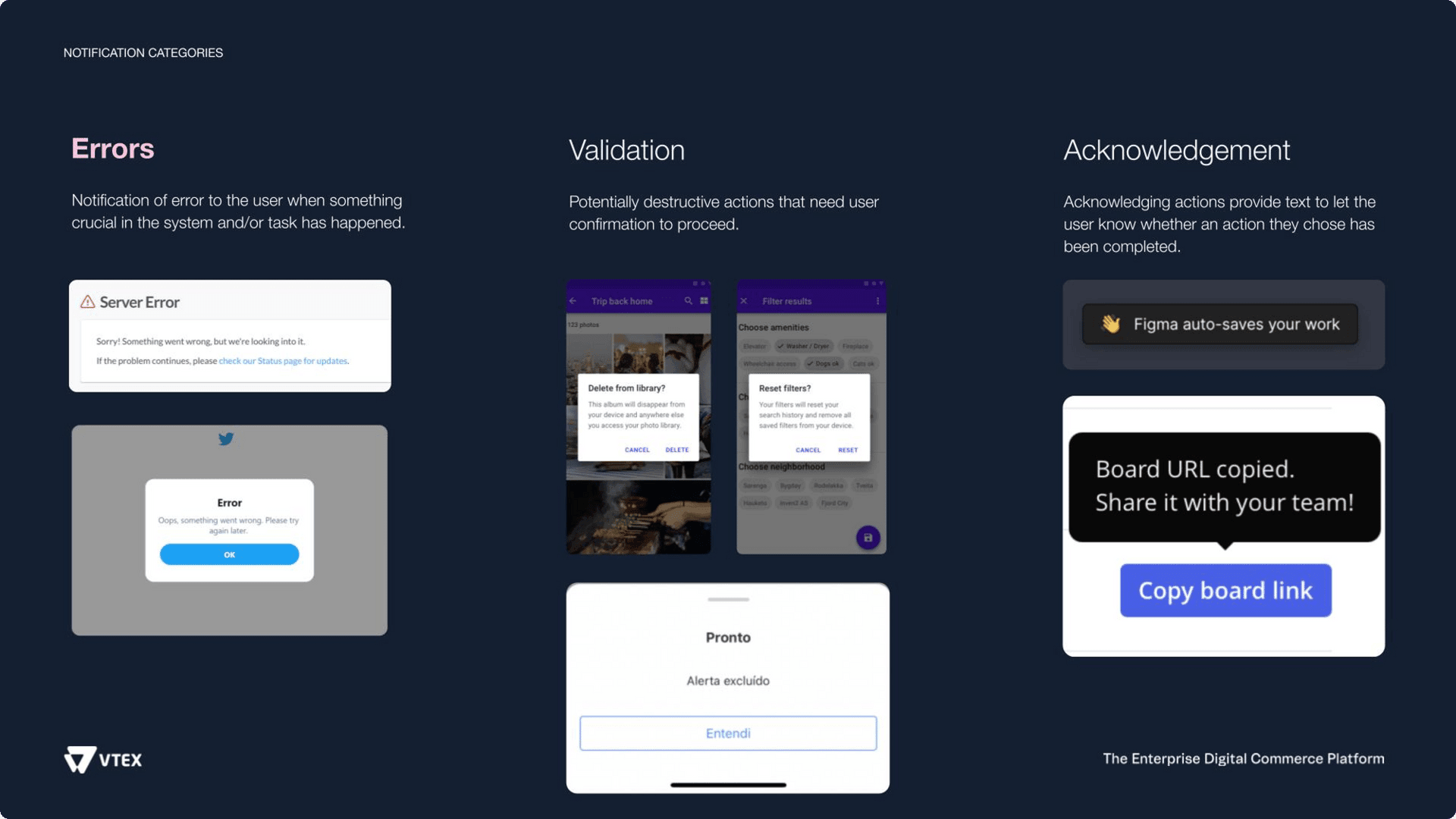 Notification categories: error, validation and acknowledgement.