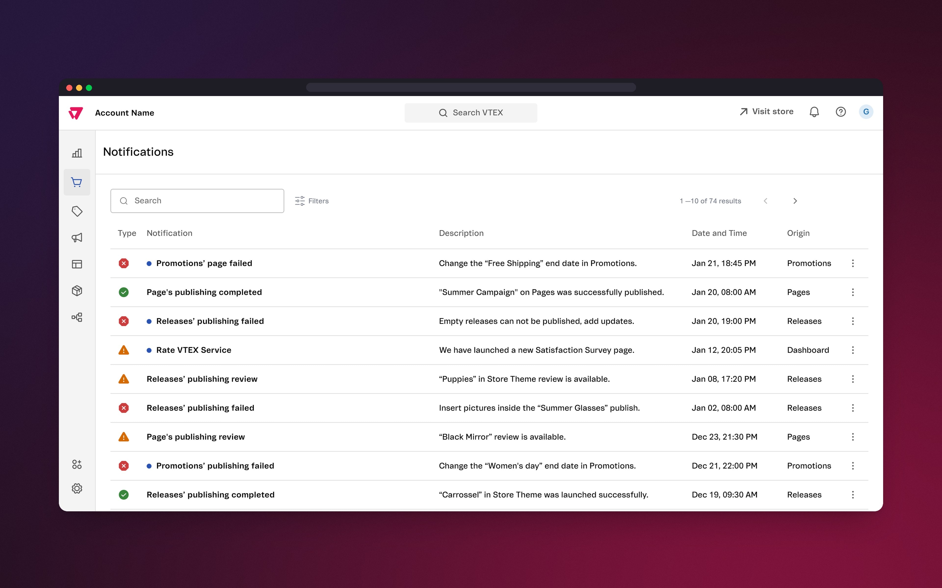 The Notifications page, with a searchable history of notifications by type, description, date and origin.