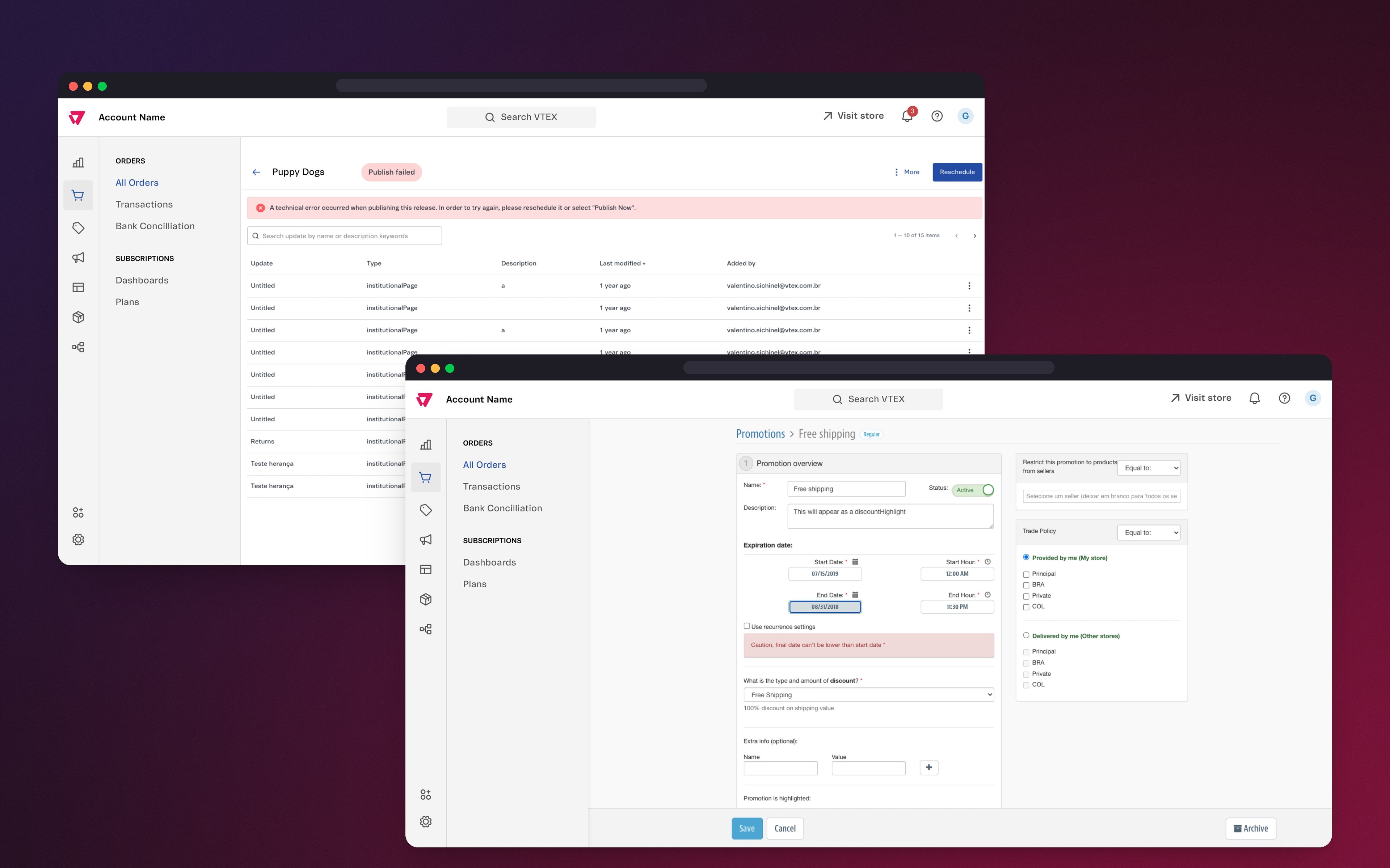 Before: a publish error as a banner inside a module and a validation error inside a form.