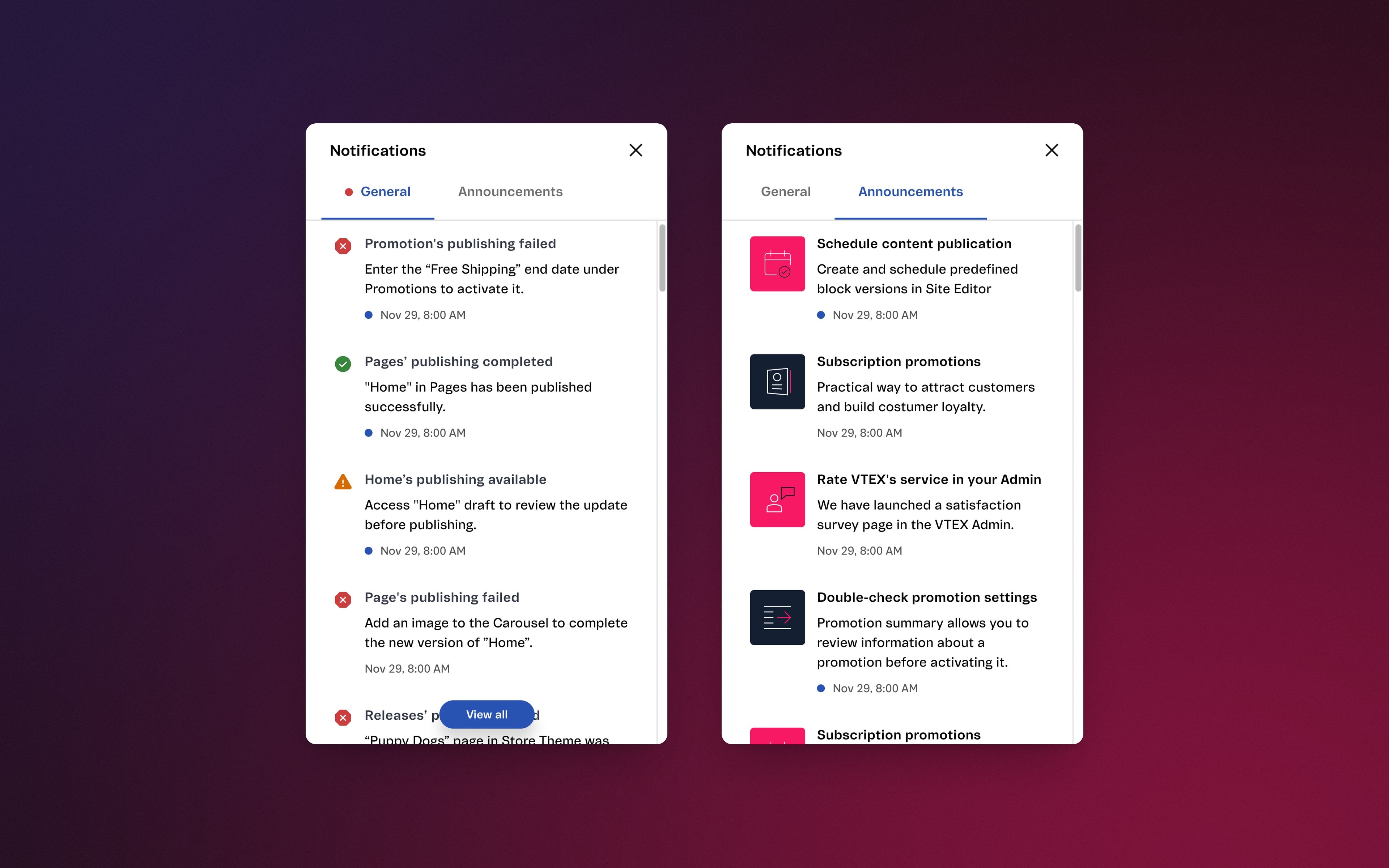 The notifications dropdown on the General tab and on the Announcements tab, side by side.